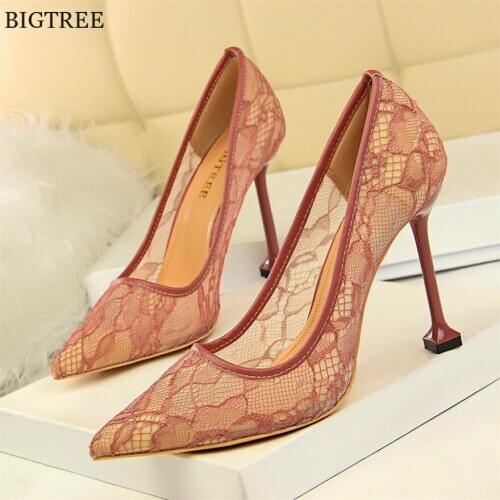 2021 New Sexy Cut-Outs Lace Pointed Toe High Heels Shoes Womens Fashion Shallow Woman Pumps Show Thin Wedding Party Shoes 34-40