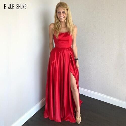 E JUE SHUNG Red Evening Dresses Spaghetti Strap High Split Criss-Cross Back Prom Dresses Summer Evening Gowns Vestido De Festa
