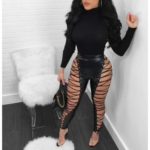 AHVIT Black Color Pu Leather Bandage Patchwork Sexy Pants Women High Waist Hollow Out Party Pencil Pants GK-6S3273