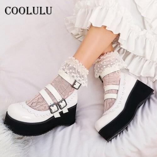 COOLULU Ankle Strap High Heels Women Shoes Platfrom Wedges Heel Dress Pumps Buckle Round Toe Ladies Footwear Sweet White Size 46