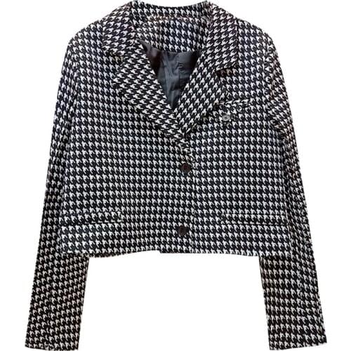 PERHAPS U Women Plaid Pocket Button Long Sleeve Notch Collar Blazer Short Cropped Single-breasted Houndtooth Chic C0330
