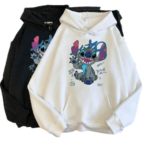 Disney Stitch Hoodies Women Harajuku Pullover Cute Kawaii Casual Top O-Neck Angel Print Hooded Sweatshirt Long Sleeve