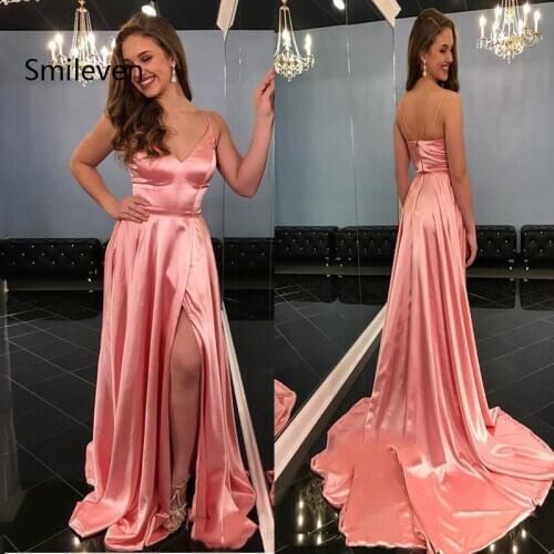 Smileven Evening Dresses 2019 Sexy Backless Front Split Satin A-line Spaghetti Strap Prom Party Dress vestidos de festa longo