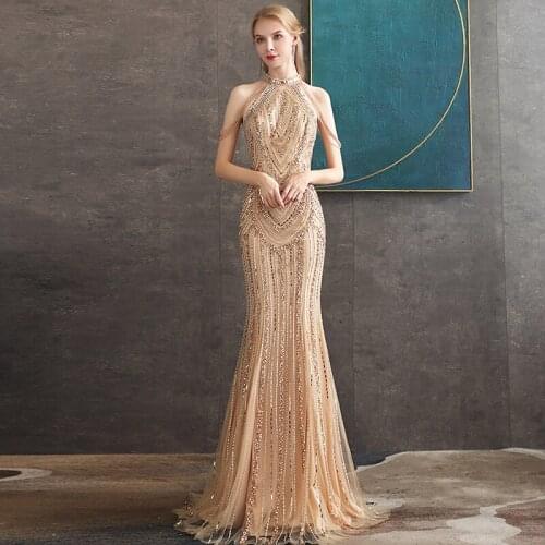 New Halter Neck Champagne Long Rhinestones Evening Dress Crystals Beading Sleeveless Formal Gown Sexy Mermaid Prom Dress