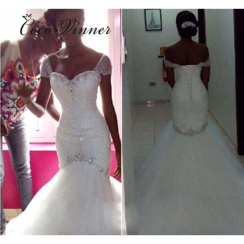 Crystal Beaded African Mermaid Wedding Dresses Short Cap Sleeve Lace Up Wedding Gown White Plus Size Wedding Dress W0228