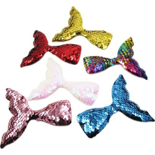 12pcs/lot 9x8.5cm Sequin Mermaid Tail With hole Padded Patches for Keychain Fish Tail Appliques for Clothing Sewing