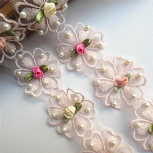 2 yards Cotton 3D Colorful Rose Flowers Pearl Embroidered Lace Trim Ribbon Fabric Handmade Sewing Craft For Costume Decoration