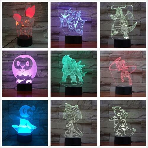 Anime Pokemon 3D LED Night Light Game Fennekin Dragonite Ralts Gengar Gyarados Tyranitar Pocket Monster Figure Lamp Model Decor