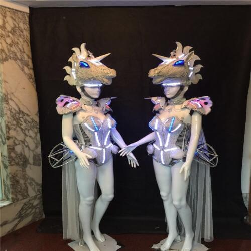 AS98 Ballroom dance led light costumes luminous robot armor headwear stage performance wears bodysuit clothe dj robot men bra