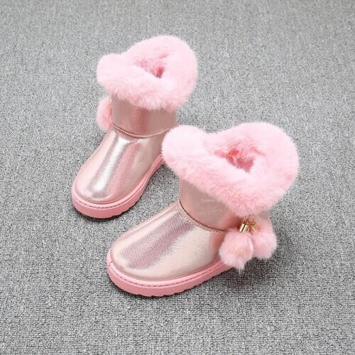 Children Shoes Girls Winter Warm Waterproof Non-Slip Kids Cotton Shoes Outdoor Furry Ball Solid Color Plush Children Snow Boots