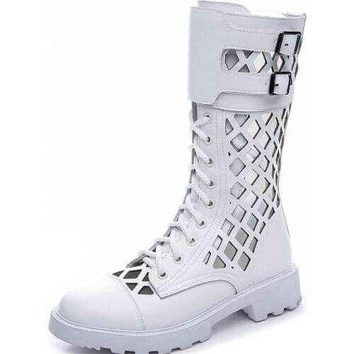 Fashion Summer Boots Genuine Leather Cutout Women Boots Low Heels Hollow Out Breathable Shoes Mid-Calf Lady Motorcycle Boots