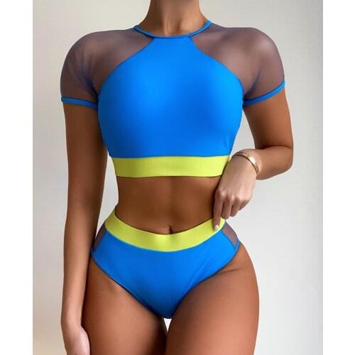 Women Bikini two piece set summer Patchwork Mesh Short Sleeve Corset Tops with Panty High Waist Bikini Sports Push up bikinis