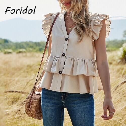 Cotton and Linen Fabrics Vintage Ruffle Sleeveless Summer Blouse Shirt Women Khaki Bouse Top V Neck Casual Ladies Tops 2021