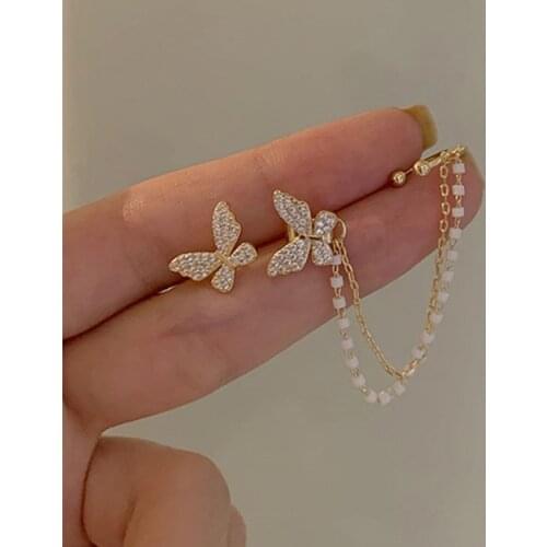 Korean Elegant Cute Rhinestone Butterfly Stud Earrings For Women Girls Fashion Metal Chain Boucle D'oreille Jewelry