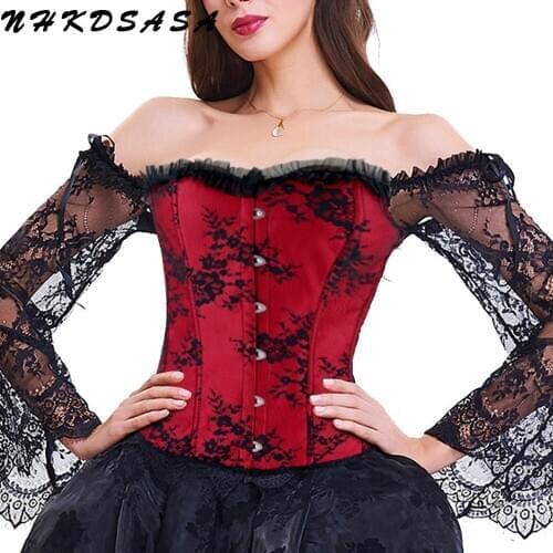 Corset Tops For Women Sexy Lace Up Overbust Bustier Steampunk Gothic With Straps Erotic Lingerie Long Sleeves Nightclub Clothing