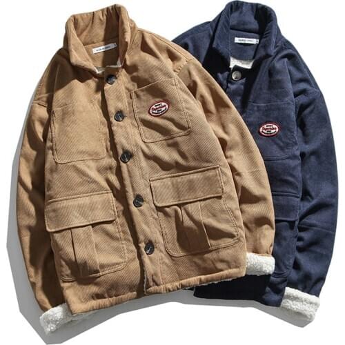 Hong Kong Style Multi Pocket plush cotton padded jacket retro 2020 winter Korean loose couples heavy coat