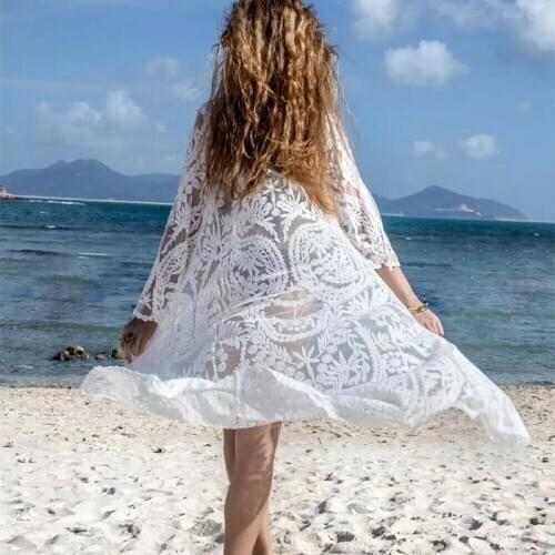 Summer Bikini Cover Ups Women Lace Floral Hollow Beach Kaftan Cardigan Bathing Suit Hollow Perspective Pareos Swimsuits Swimwear