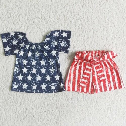 Hot Sale Baby Girls Clothes Summer 4th of July Star Print Stripe Shorts Toddler Girl Clothes Sets Belt Design Wholesale Outfits
