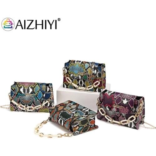 Fashion Women Snake Pattern Printing PU Leather Shoulder Crossbody Messenger Bag Casual Ladies Chain Mini Purse Handbags
