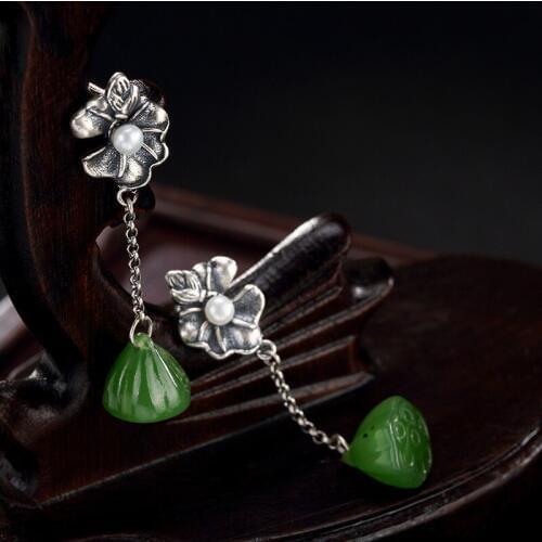 Fashion S925 Pure Silver Inlay Ways Hetian Jade Jade Lotus Lotus Pearl Pendant Earrings Wholesale