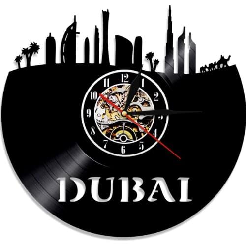 Dubai Skyline Wall Clock United Arab Emirates Vintage Vinyl Record Hanging Decor Cityscape Watch Modern Silent Home Decor