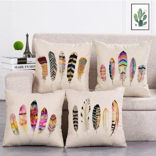 Colored feathers Printed Cushion Cover Linen Throw Pillow Car Home Decoration Decorative Pillowcase T472