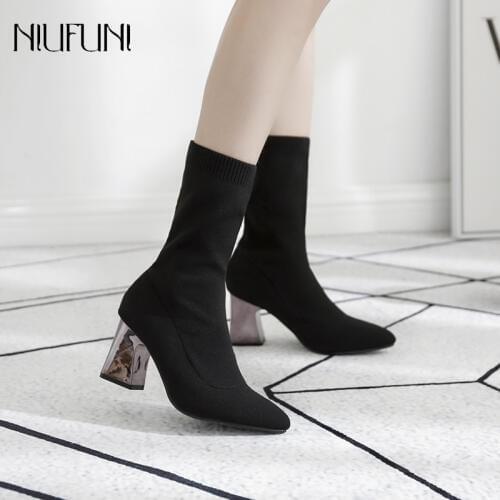 Autumn Winter Elastic Stretch Boots Fashion Casual Block Mid Heels Boots Sexy Sock Boots Pointed Toe Knitted Shoes Ankle Botas