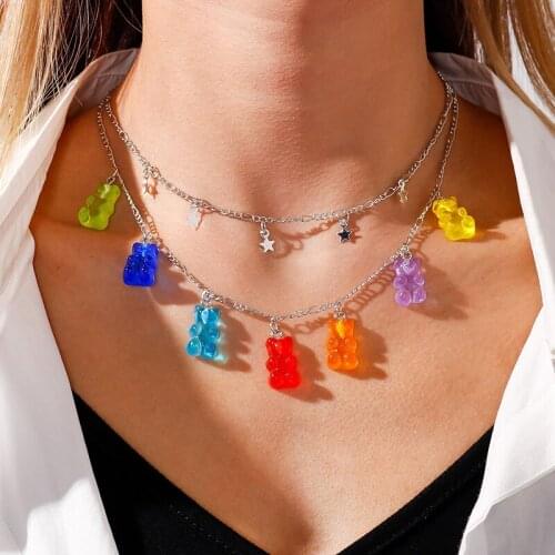 Cute Candy Color Mini Bear Pendant Necklace Fashion Star Heart Cross Sequins Choker Necklace Party Jewelry Femme Bijoux