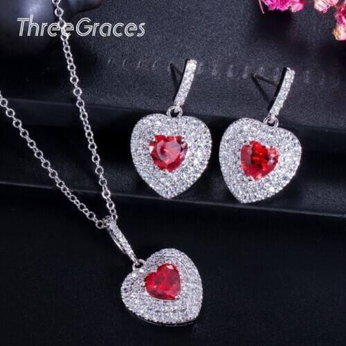 ThreeGraces Designer Cubic Zircon Stone Pave Red Heart Shaped Necklace Earrings Fashion Ladies Party Jewelry Set Gift JS204