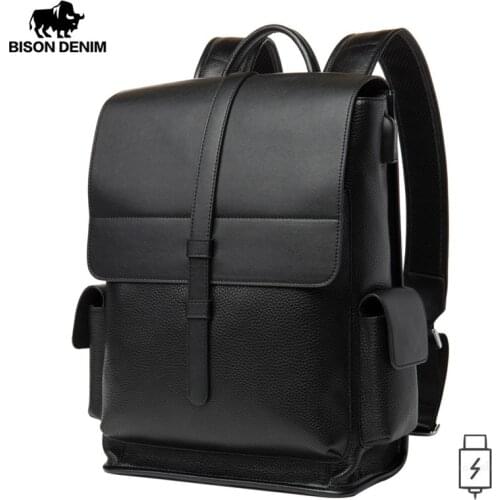 BISON DENIM Genuine Leather 14 inches laptop bag Backpack Mens Travel Bag Waterproof Daypack USB Charging School Backpack N2645