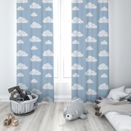 Curtains Children 3D Printed Decorative Items Home Childrens Room Happy Cloud Light Blue White Model 019