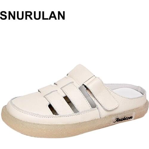 SNURULAN Fashion Women Summer Genuine Leather Slippers Beach Flat Slippers Women Slides Round Toe Openwork Gladiator Sandals