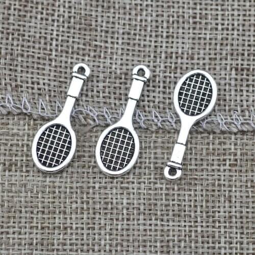 High Quality 20 Pieces/Lot 11mm*29mm Antique Silver Plated Alloy Metal Sports Tennis Racket Charm For Jewelry Making