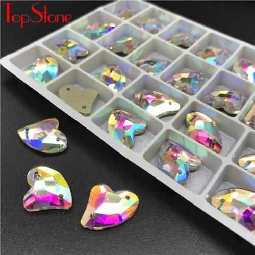 TopStone AB 10x14mm 12x19mm Heart Shape Sew On Rhinestone Glass Crystal Flatback Sewing Strass Dresses