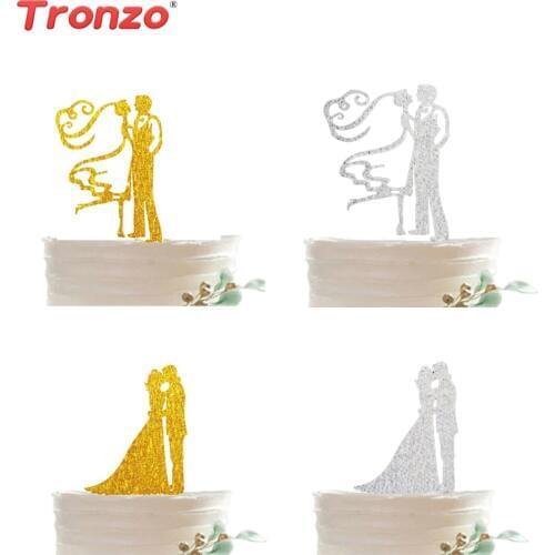 Tronzo New Gold Silver Wedding Decoration Cake Topper Hollow Romantic Kiss Acrylic Cake Accessory Party Decoration For Wedding