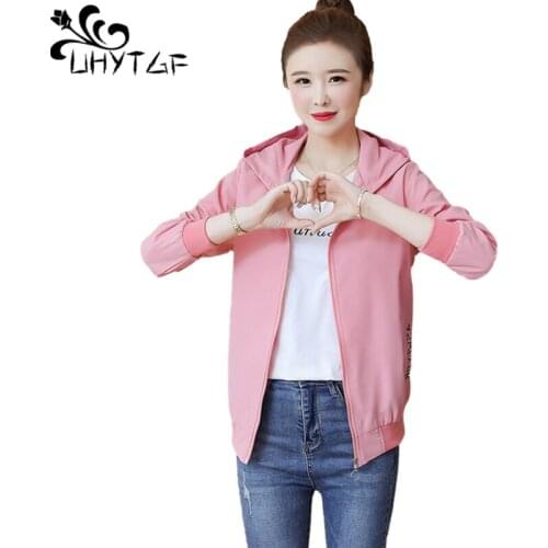 UHYTGF New Women Short Jacket Casual Basic Outwear Pocket Zipper Hooded Spring Autumn Coats Female Thin Tops 4XL Plus Size 1353