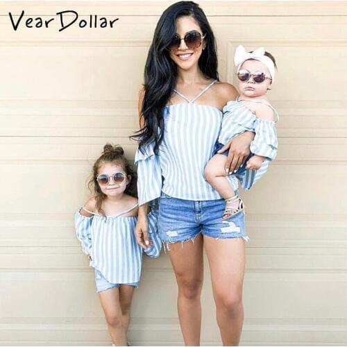 VearDoller Family Clothing 2019 New Arrival Mother and Daughter Matching Clothing Summer Off Shoulder Striped Top T-shirt
