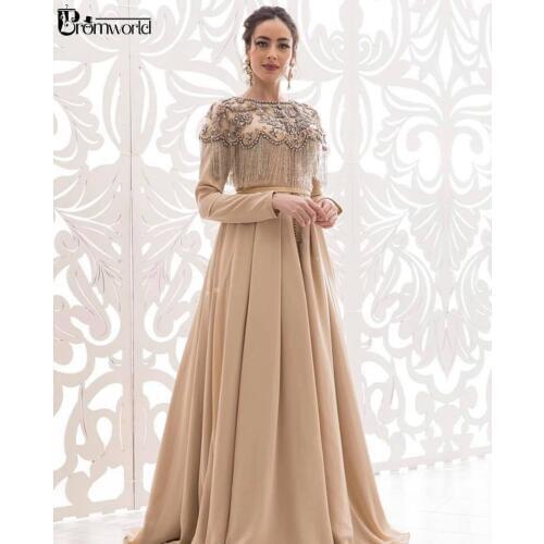 Champagne Muslim Long Sleeve Evening Dresses Tassel Embroidery Moroccan Dubai Kaftan Arabic Formal Dress Abiye Gece Elbisesi