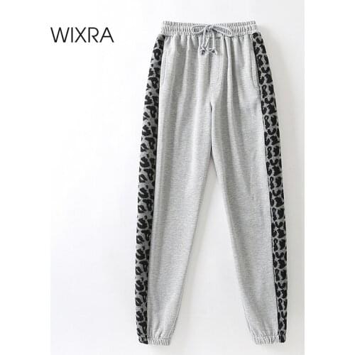 Wixra Women 100% Cotton Leopard Drawstring Pants Casual Elastic High Waist Sweatpants Pockets Black Grey Blue Strip Trousers