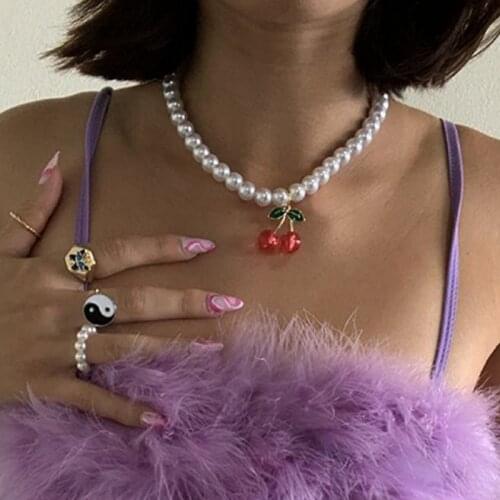 Y2K Jewelry Pearl Cherry Necklace For Women Beads Fashion Cute Vintage Harajuku Necklace Charms 90s Aesthetic New Gifts 2021