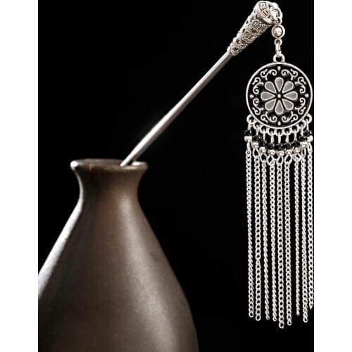 Boho Tassel Hair Pins Sticks For Hair Vintage Ethnic Silver Color Chain Beaded Round Flower Indian Women Accessories For Jewelry