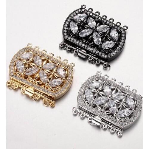 Brass Cubic Zirconia Box Clasps Metal Jewelry Findings For DIY Golden Black Platinum Multi-strand 34x43x9mm,hole:1.5 & 2.5mm