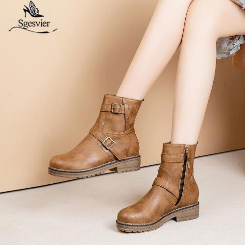 Sgesvier Womens Retro Western Boots Size 34-44 Zipper Short Boots Ladies Buckled Strap Motorcycle Boots Autumn Winter Shoe G639