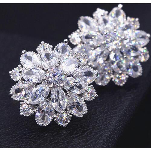 Luxury zircon diamonds snow stud earrings women 18k white gold silver color bridal dress feast party jewelry bijoux bague gifts