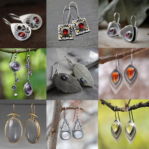 New Vintage Moonstone Earrings Retro Silver Color Flower Birds Moon Stone Hook Dangle Earring For Women Trendy 2021