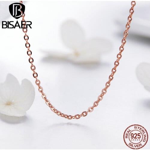 BISAER Hot Sale Link Chain Necklaces 925 Sterling Silver Cheap Women Necklaces Rose Gold Color Collar 45CM Silver Jewelry ECA014