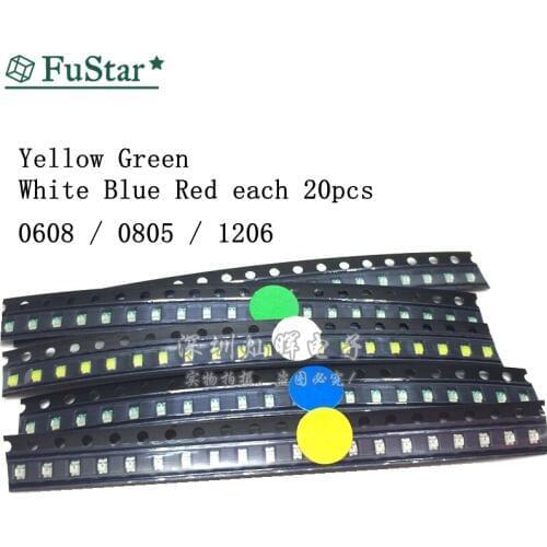 100pcs=5colors x 20pcs 1206 0805 0603 LED Diode Assortment SMD LED Diode Kit Green/ RED / White / Blue / Yellow led Chip