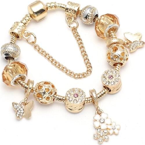 2019 Jewelry Peach Heart Point Diamond Bead For Women Gold Bracelet & Bangles With Flower Charms Diy Jewelry Pulsera SBR190118