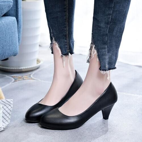 2020 Spring Round-toe Shallow-mouth Thick Heel Shoes Fashion Ol Professional Mid-heel Work Womens Single Shoes