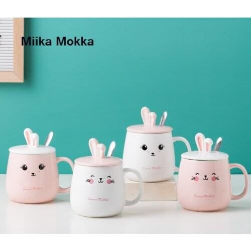 420ml Cartoon Rabbit Ears Coffee Mug Creative Cute Couple Cup Milk Cup Office Cup with Lid Spoon Girl Gift Ceramic Cup